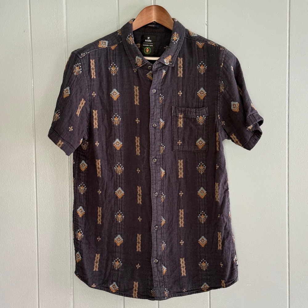 Roark Manawa Tapu Woven Shirt Men M Charcoal Geometric Cotton Camp Gorpcore